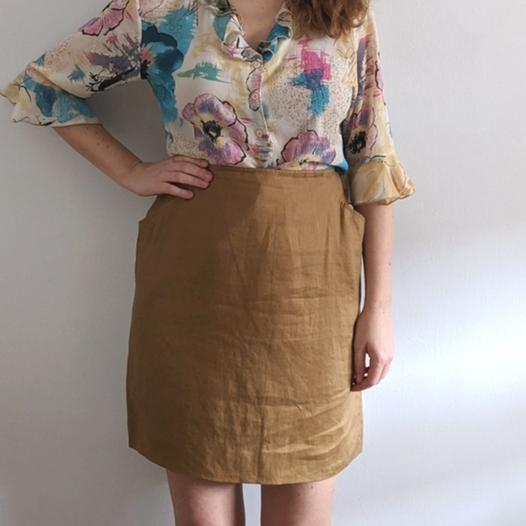 1990’s Minimalist Coffee Linen Skirt with Pockets - Picture 1 of 6